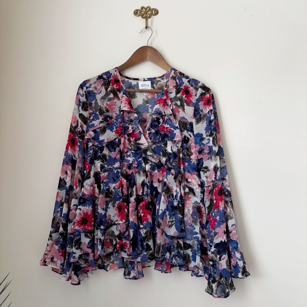 MISA Los Angeles Floral Chiffon Ruffle V Neck Blouse XS